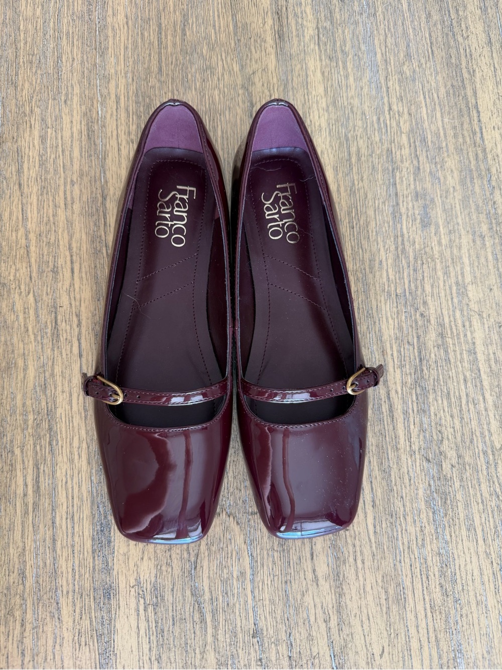 Franco Sarto Women's Burgundy Patent Mary Jane Flats with Buckle Strap